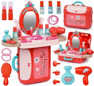 PERKSCORNER Beauty Set for Kids Girls 3 in 1 Learning Educational Make Up Suitcase Kit