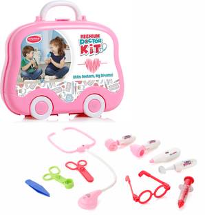 Aditi Toys Premium Doctor Set Suitcase LED Light Instruments, Dr Kit 10 Piece (Pink)