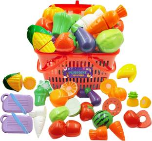Pluspoint 18 Pcs Realistic Sliceable Cut-Fruits and Vegetables with Basket (7 Fruits, 7vegetables, 2chopping Board, 2cutting Knife)