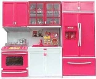 AVYUKT Modern Barbie Kids Kitchen Set for Girls with Light and Musical 3 fold compartment