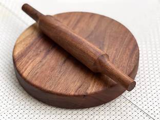 Wood Chop Carved from Single Block of Acacia Wood | Reversible Chakla Belan Rolling Pin & Board