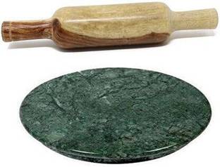 SHIVAYE COLLECTION RJ kitchenware Store Green Marble Roti Maker with Wooden Belan Rolling Pin & Board