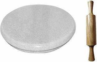 arba Handicraft Makrana Marble Chakla/Rolling Board/Roti Maker (White + Wooden Belan 12 inch) 9 Inch Pack of 1 Rolling Pin & Board