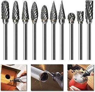 A&S TOOLSHOP Double Cut Tungsten Carbide Burr Set for Rotary Tool, 10Pcs Rotary Carving Bits Grinding Head for DIY, Woodworking, Engraving Rotary Bit Set