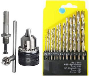Kshivi Premium 13 Pcs Of HSS Drill Bit Set for Drilling Wood Metal Plastic And 13mm Drill Chuck With SDS Adaptor Key Set Female 1/2" 20 Unf Pack Of 2