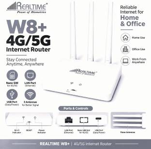 REALTIME Power of Biometrics W8+ 4G/5G SIM Based WiFi Router with 3 Antennas, LAN Router 2.4 GHz 100 M...