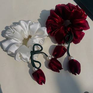 SHINE SCRUNCHIES Schrunchie With pearl tulips or Rose buds Hair Scrunchies with Rose Tel Rubber Band