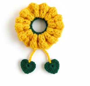 Rachna Handmade Work Handmade Crochet Hair Scrunchie with Charms Elastic Hair Tie Yellow Crochet Hair Scrunchie for Women & Girls Rubber Band