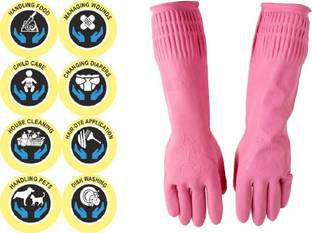 NEW INDIA FIRE TECH Latex Rubber Pink Special Wadhble Dish Kitchen Platform Washing,Home Bathroom Garden Other Type Of Safety Uses Sanitation Fashion Protective Home Kitchen Cleaing Gloves For Women And Girls 1 Pair Latex, Rubber  Safety Gloves