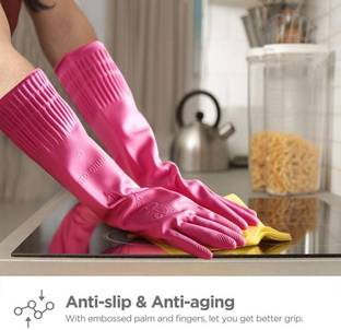 NEW INDIA FIRE TECH Latex Rubber Pink Special Dish Kitchen Platform Washing,Home Bathroom Garden Other Type Of Safety Uses Sanitation Fashion Protective Home Kitchen Cleaing Gloves For Women And Girls 1 Pair Latex, Rubber  Safety Gloves