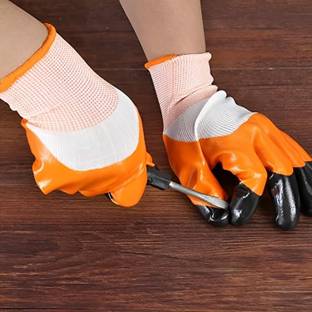 SAMBHAW Orange Black Tiger Print Latex Nitrile Palm Coated Safety Hand Gloves 2 Pair Wood-working, Blowtorch, Laboratory, Power Tool  Safety Goggle