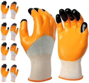 SAMBHAW Orange Black Tiger Print Latex Nitrile Palm Coated Safety Hand Gloves 5 Pair Wood-working, Blowtorch, Laboratory, Power Tool  Safety Goggle