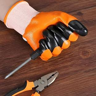SAMBHAW Orange Black Tiger Print Latex Nitrile Palm Coated Safety Hand Gloves 1 Pair Sambhaw Safety Hand Gloves-Pair of 1 Wood-working, Blowtorch, Laboratory, Power Tool  Safety Goggle