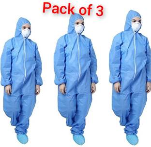 GLAMY COUTURE 80 GSM NON WOVEN PPE COVERALL ATTACH HOOD & SHOE COVER (PACK OF 3) free size Safety Jacket