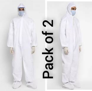 GLAMY COUTURE 80GSM NON WOVEN COVERALL ATTACH HOOD&SHOE COVER PACK OF 2)FREE SIZE WHITE COLOUR Safety Jacket