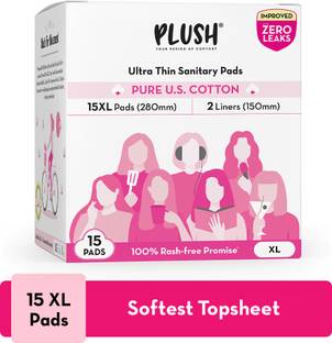 PLUSH 100% Pure U.S. Cotton Rash Free, Heavy Flow (15 XL Pads & 2 Liners) Sanitary Pad