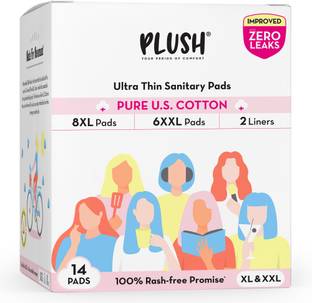 PLUSH 100% Pure U.S. Cotton Rash Free , Heavy flow (8XL + 6XXL+ 2 Liners) Sanitary Pad