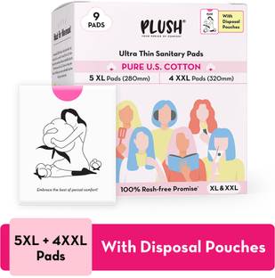 PLUSH Pure Cotton Sanitary Pads with Individual Disposable Pouch|100% Rash Free|5L+4XL Sanitary Pad