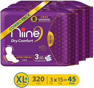 nine Dry Comfort Ultra Thin XL+ Sanitary Pads for Women ( Pack of 3 ) 45 Sanitary Pad