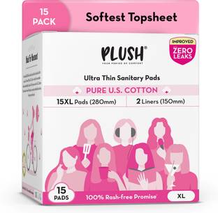 PLUSH 100% Pure U.S. Cotton Rash Free, Heavy Flow (15 XL Pads & 2 Liners) Sanitary Pad