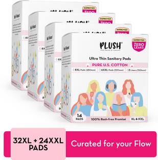 PLUSH Ultra Thin Cotton Sanitary Pads - XL+XXL Pads(Curated pack of 4*16) (Pack of 64) Sanitary Pad