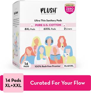 PLUSH 100% Pure U.S. Cotton Rash Free , Heavy flow (8XL + 6XXL+ 2 Liners) Sanitary Pad