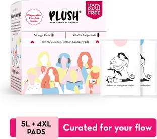 PLUSH Pure Cotton Sanitary Pads with Individual Disposable Pouch|100% Rash Free|5L+4XL Sanitary Pad