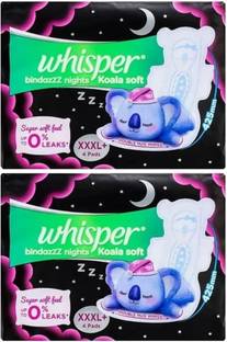 Whisper Bindazzz Nights Koala Soft Sanitary Pads XXX-Large+ Pack of 4+4 Napkins Sanitary Pad