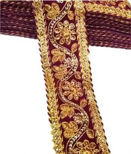 ridhi collection Maroon color with golden thread work, pack of 9 metre Lace Saree Falls