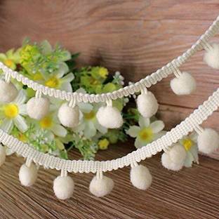 PACHRANGI FASHION FAB BAZAAR Pom Pom White Tassel Ball Bobble Ball Cotton lace Ball round 2cm 9 meter Lace Saree Falls