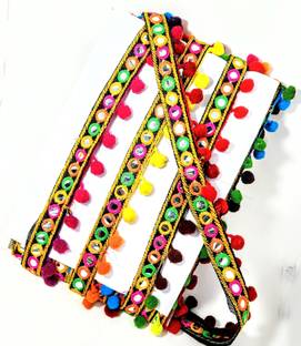 NIMISHA FASHION RAZWADI LOOK-EMBRODIRED MULTI MIRROR WORK AND MULTI POM POM Lace Saree Falls