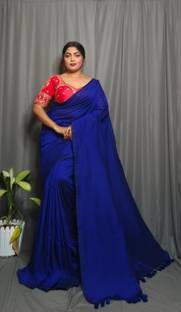 TutunDebnath Pure cotton plan saree blue Cotton Blend Saree Falls