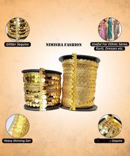 NIMISHA FASHION GOLD SEQUENCE AND GOLD FLET GOTA SLIDE 9+9=18 METER Lace Saree Falls