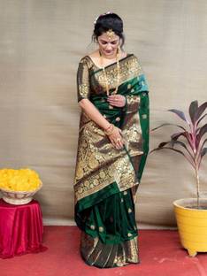 Omsaiarts Woven Banarasi Silk Blend, Jacquard Saree