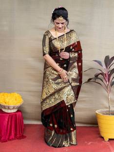 GajGajra Self Design Banarasi Silk Blend Saree