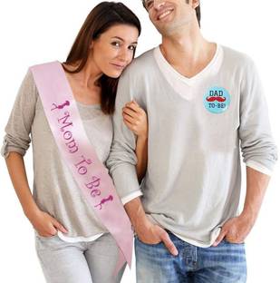 Yey Baby Shower Sash and Badge Decoration Material Set - Mom to Be Sash and Dad to Be Pin Badge - Props, Gifts for Baby Shower and Godh Bharai