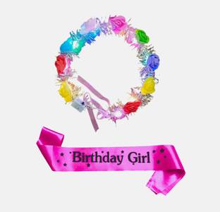 Beauty World Birthday Sash&Led Light Crown Birthday Girl Pink Satin Ribbon combo (Pack of 2)