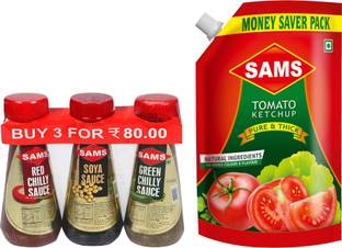 sams Pure & Thick Tomato Ketchup 1kg with red chilly, Green chilly Soya Sauce 100g. Ketchup