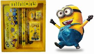 VINMOT Minions Stationery Set Geometry, Pencil, Eraser, Scale, Sharpener, Crayon - 12Pc Minions Theme Art Metal Pencil Box
