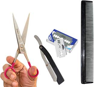 SAZIC Best Salon Hair Beard Shaving & Cutting Combo Scissor,1 Razor, 1 Comb, Blade Set Scissors