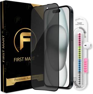 FIRST MART Edge To Edge Tempered Glass for iPhone 15, iPhone 14 Pro, ( 1 Privacy Matte Anti Spy Glass with 1 Cable Protector )