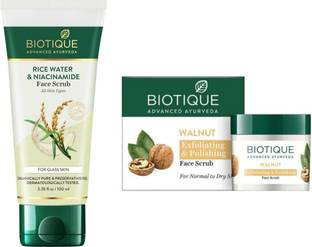 BIOTIQUE Scrub - Rice Water & Niacinamide -100g & Walnut Exfoliating -75g (Pack of 2) Scrub