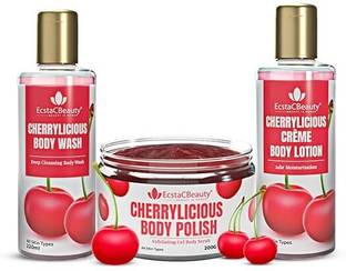 EcstaCBeauty Cherrylicious Body Care Set Body Wash, Body Scrub & Moisturizing Body Lotion Scrub