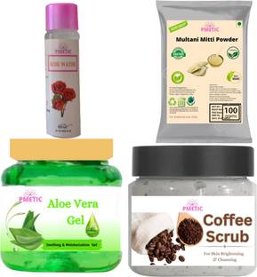 pmetic Aloevera gel,Coffee Scrub ,Rose Water,Multani Mitti 100gm Par Pack Scrub