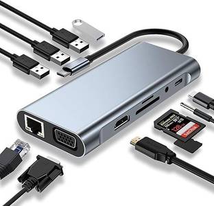 microware USB C 11 in 1 Adapter HDMI VGA USB C PD,USB3.0 RJ45 SD/TF Card Reader, 3.5mm AUX Media Streaming Device