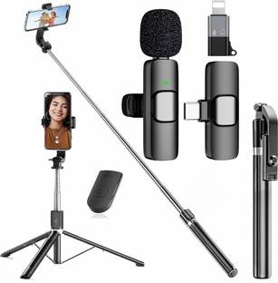 GADGETSWEAR (Combo with Wireless Mic) Selfie Stick with Tripod Stand, Wireless Mic for Youtuber, Bluetooth Selfie Stick