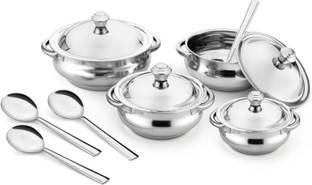 Jensons Stainless Steel Serving handi with lid | 4 Serving Spoon+ 4 Serving Bowl, Spoon Serving Set