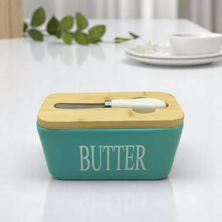 Lemon Tree Large Ceramic Butter Box with Wooden Lid & Knife | Butter Storage Container | Butter Dish Serving Set