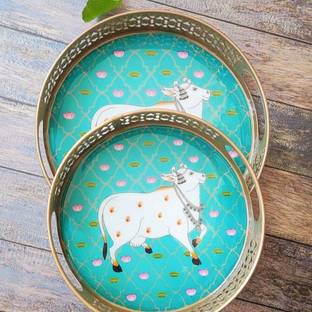 Craftomanic Round Tray Set of 2 Cow Pichwai Tray (Size = 8" and 10") Tray Serving Set