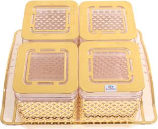 Heart Home 4 Container & Tray Set|Unbreakable Gold Plated Plastic Serving Tray|400 ml|Gold Container Serving Set